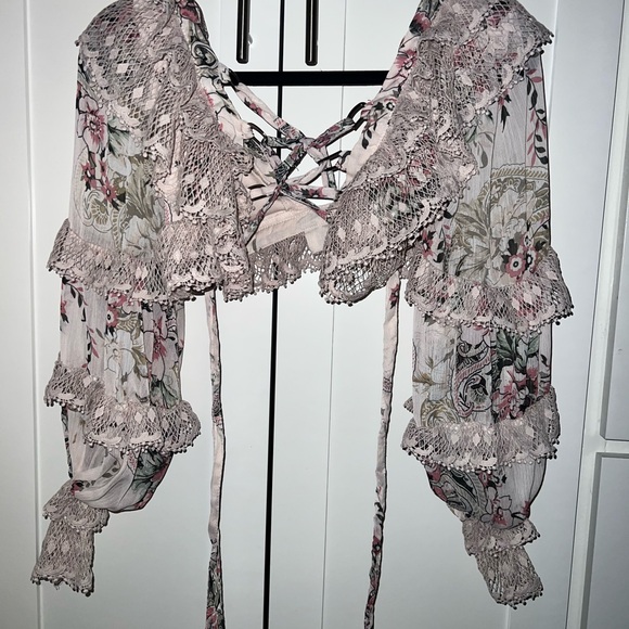 Floral Lace-Up Ruffle Blouse - Picture 4 of 7